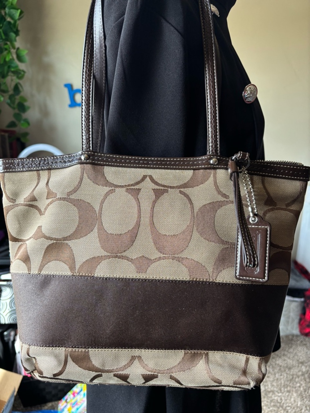 COACH Signature canvas tote with dark brown trim F13548